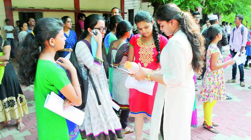 Students appear for the Telangana state Eamcet at the Keshav Memorial School in Naryanguda, Hyderabad, on Friday. — P.Surendra Students appear for the Telangana state Eamcet at the Keshav Memorial School in Naryanguda, Hyderabad, on Friday. — P.Surendra
