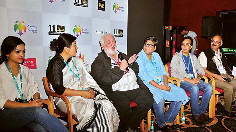 (L-R) Rahul Rawail, Somendra Harsh, Ravi Bharwani, Dr Nagathihalli Chandrashekhar at the open forum at BIFFES 2019. (L-R) Rahul Rawail, Somendra Harsh, Ravi Bharwani, Dr Nagathihalli Chandrashekhar at the open forum at BIFFES 2019.