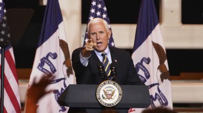 Vice President Mike Pence speaks during a Make America Great Again event in Carter Lake, Iowa, Thursday, Oct. 1, 2020. (AP)