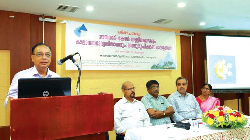 Dr E.J James, Member, Central Wetland Regulatory Authority, inaugurates the workshop. (From left) Dr George Chackacherry, Director, Institute for Climate Change Studies, Dr K.G Padmakumar, Director, International Centre for Below Sea Level Farming, Dr Nagendra Prabu, Professor, SD College, and Dr S. Leenakumary, Professor, Kerala Agriculture University, are also seen. (Photo: DC) Dr E.J James, Member, Central Wetland Regulatory Authority, inaugurates the workshop. (From left) Dr George Chackacherry, Director, Institute for Climate Change Studies, Dr K.G Padmakumar, Director, International Centre for Below Sea Level Farming, Dr Nagendra Prabu, Professor, SD College, and Dr S. Leenakumary, Professor, Kerala Agriculture University, are also seen. (Photo: DC)