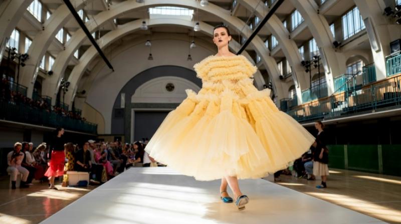 Fans of the British designer's floaty creations were not disappointed with her show, set in an art deco London gym. (Photo: AFP) Fans of the British designer's floaty creations were not disappointed with her show, set in an art deco London gym. (Photo: AFP)