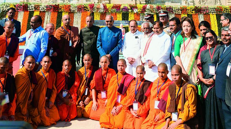President Ram Nath Kovind pays floral tributes at the statue of the Lord Buddha at the Tank Bund before visiting the Raj Bhavan Government School. (Photo: DC) President Ram Nath Kovind pays floral tributes at the statue of the Lord Buddha at the Tank Bund before visiting the Raj Bhavan Government School. (Photo: DC)