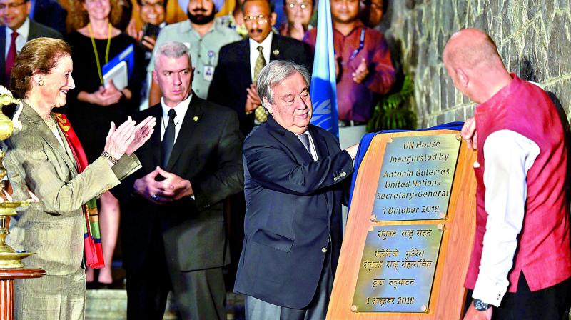 United Nations Secretary-General Antonio Guterres during the inauguration of the UN House in New Delhi, Monday. (Photo: PTI) United Nations Secretary-General Antonio Guterres during the inauguration of the UN House in New Delhi, Monday. (Photo: PTI)