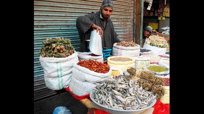 A vendor selling dried vegetables, fish and herbs which form an integral part of the Kashmiri cuisine, especially during the extreme winter. (Photo: Rising Kashmir) A vendor selling dried vegetables, fish and herbs which form an integral part of the Kashmiri cuisine, especially during the extreme winter. (Photo: Rising Kashmir)