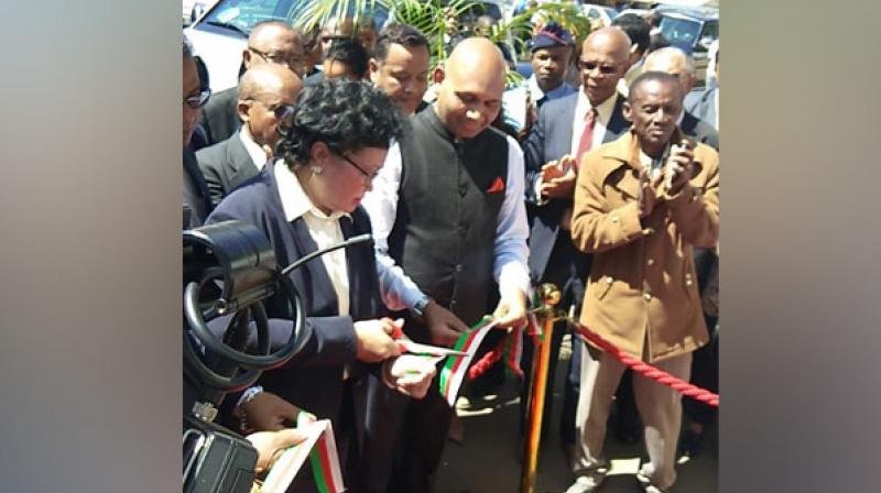 Indian High Commissioner to Madagascar Abhay Kumar and city's Mayor Lalao Ravalomanana jointly unveils commemorative plaque of Mahatma Gandhi Road on Monday. (Photo: ANI) Indian High Commissioner to Madagascar Abhay Kumar and city's Mayor Lalao Ravalomanana jointly unveils commemorative plaque of Mahatma Gandhi Road on Monday. (Photo: ANI)