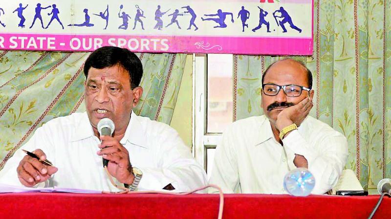 Sports Authority of Telangana State chairman A. Venkateshwar Reddy addresses the press at L.B. Stadium on Wednesday. Sports Authority of Telangana State chairman A. Venkateshwar Reddy addresses the press at L.B. Stadium on Wednesday.