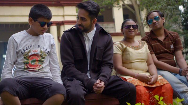 Ayushmann Khurrana with visually challenged musicians. Ayushmann Khurrana with visually challenged musicians.