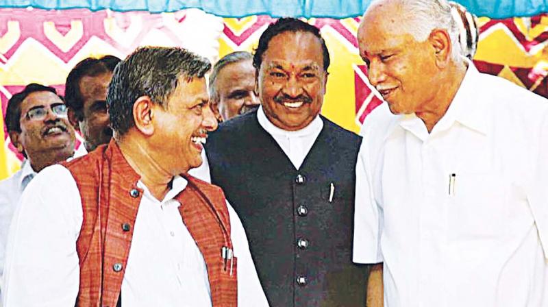 A file photo of RSS leader Dattatreya Hosabale with BJP leaders K.S. Eshwarappa and B.S. Yeddyurappa A file photo of RSS leader Dattatreya Hosabale with BJP leaders K.S. Eshwarappa and B.S. Yeddyurappa