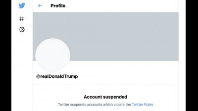 The suspended Twitter account of President Donald Trump. On Friday, the social media company permanently suspended Trump from its platform, citing "risk of further incitement of violence." (AP)