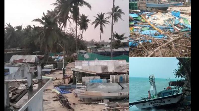 Five fishing boats were damaged early Saturday at Kalpeni island as water level rose due to heavy rains. (Photo: ANI) Five fishing boats were damaged early Saturday at Kalpeni island as water level rose due to heavy rains. (Photo: ANI)
