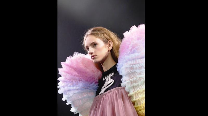 : Slogan Gowns, skirts and t-shirts with intricate patterns ruled the ramp walk at Paris Haute Couture Week. (Photo: AP) : Slogan Gowns, skirts and t-shirts with intricate patterns ruled the ramp walk at Paris Haute Couture Week. (Photo: AP)