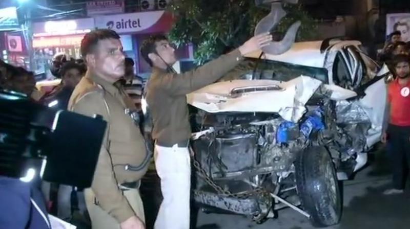 The Fortuner hit a cycle, a scooter, a motorcycle, a rickshaw and then a mini-bus before it came to a halt, police added. (Photo: Twitter | ANI) The Fortuner hit a cycle, a scooter, a motorcycle, a rickshaw and then a mini-bus before it came to a halt, police added. (Photo: Twitter | ANI)