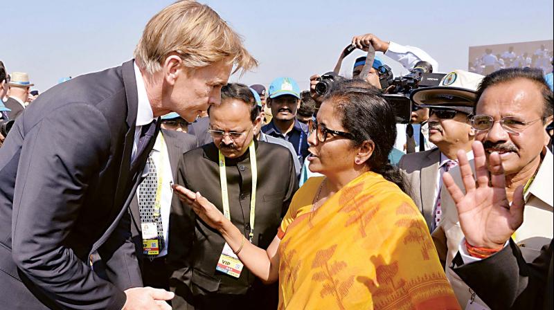 Defence Minister Nirmala Sitharaman interacts with foreign delegates at the inauguration of Aero India 2019 at Yelahanka Airbase, in Bengaluru on Wednesday – R. Samuel Defence Minister Nirmala Sitharaman interacts with foreign delegates at the inauguration of Aero India 2019 at Yelahanka Airbase, in Bengaluru on Wednesday – R. Samuel