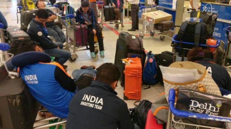 The customs at Indira Gandhi International Airport in New Delhi refused to clear the gus being carried by the Indian shooting contingent. (Photo: ANI/ Twitter) The customs at Indira Gandhi International Airport in New Delhi refused to clear the gus being carried by the Indian shooting contingent. (Photo: ANI/ Twitter)
