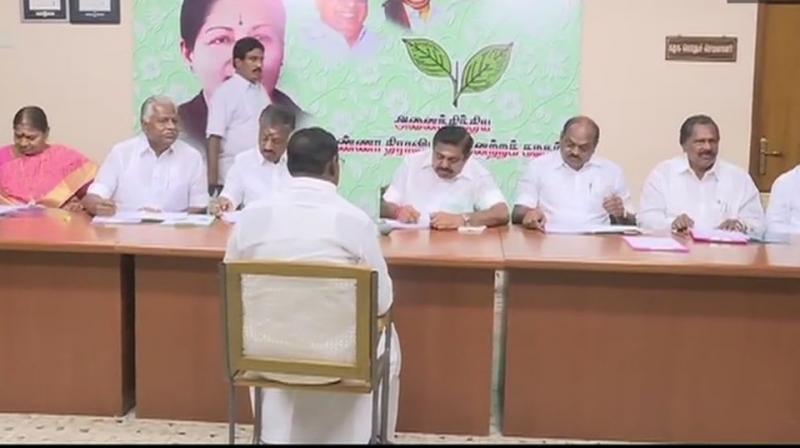 On Monday, the AIADMK Parliamentary Board, whose members include party Coordinator and state Deputy Chief Minister O Panneerselvam and Joint Coordinator and Tamil Nadu Chief Minister K Palaniswami, interviewed the aspiring candidates for 10 constituencies including Salem, Nilgiris and Coimbatore, a party release said. (Photo :ANI| Twitter) On Monday, the AIADMK Parliamentary Board, whose members include party Coordinator and state Deputy Chief Minister O Panneerselvam and Joint Coordinator and Tamil Nadu Chief Minister K Palaniswami, interviewed the aspiring candidates for 10 constituencies including Salem, Nilgiris and Coimbatore, a party release said. (Photo :ANI| Twitter)