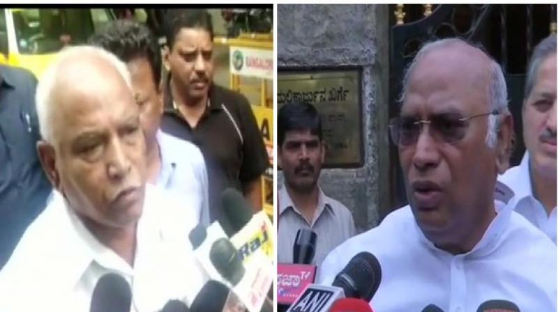 BJP leader BS Yeddyurappa and Congress leader Mallikarjun Kharge. (Photo: ANI) BJP leader BS Yeddyurappa and Congress leader Mallikarjun Kharge. (Photo: ANI)
