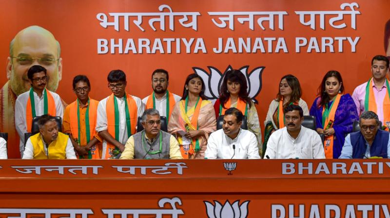 Several Bengali actors, including Parno Mittra, joined the BJP here on Thursday in presence of party leaders, including its West Bengal unit head Dilip Ghosh and senior functionary Mukul Roy. (Photo: PTI) Several Bengali actors, including Parno Mittra, joined the BJP here on Thursday in presence of party leaders, including its West Bengal unit head Dilip Ghosh and senior functionary Mukul Roy. (Photo: PTI)