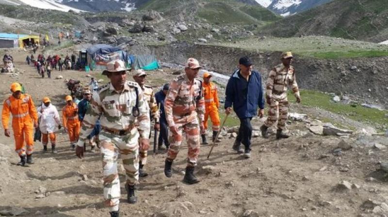 Battle-ready BSF and CRPF jawans line Srinagar’s main roads for the Amarnath Yatris. None of this is necessary, they say. (Photo: ANI) Battle-ready BSF and CRPF jawans line Srinagar’s main roads for the Amarnath Yatris. None of this is necessary, they say. (Photo: ANI)