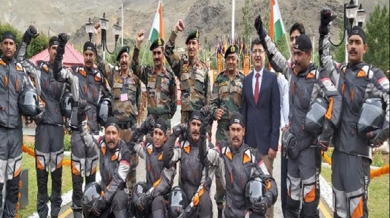 To commemorate 20 years of Kargil Vijay Diwas, a motorcycle expedition was completed by a team from 13th Battalion of Jammu and Kashmir Rifles here. (Photo: ANI) To commemorate 20 years of Kargil Vijay Diwas, a motorcycle expedition was completed by a team from 13th Battalion of Jammu and Kashmir Rifles here. (Photo: ANI)