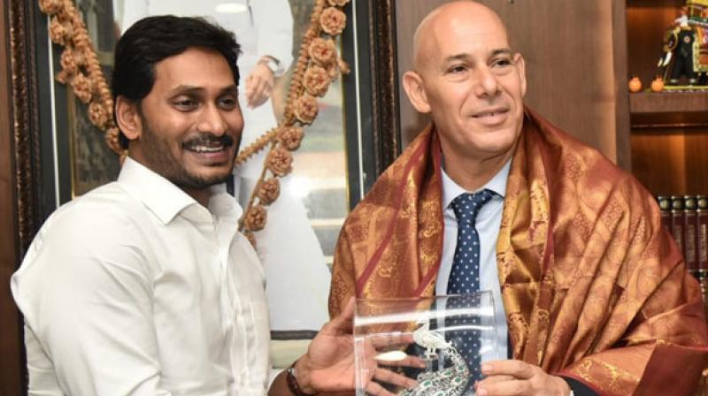 Chief Minister YS Jagan Mohan Reddy and Israeli Ambassador Ron Malka discussed potential collaboration between Isreal and Andhra Pradesh in various sectors including cybersecurity and water management. (Photo: ANI) Chief Minister YS Jagan Mohan Reddy and Israeli Ambassador Ron Malka discussed potential collaboration between Isreal and Andhra Pradesh in various sectors including cybersecurity and water management. (Photo: ANI)