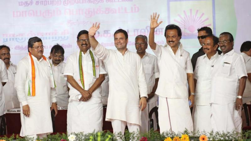 Poll allies Rahul Gandhi and M.K. Stalin wave at people on their UPA election campaign in Salem on Friday. (Image DC) Poll allies Rahul Gandhi and M.K. Stalin wave at people on their UPA election campaign in Salem on Friday. (Image DC)