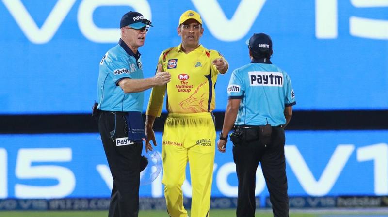 Dhoni was seen angrily gesturing at Gandhe before leg umpire Bruce Oxenford asked Dhoni to leave. (Photo: BCCI) Dhoni was seen angrily gesturing at Gandhe before leg umpire Bruce Oxenford asked Dhoni to leave. (Photo: BCCI)