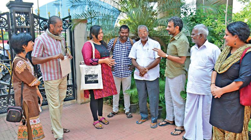 Carnatic Vocalist T.M. Krishna explains a point to vizha organisers on Thursday. Also seen in the picture are rapper Sofia Ashraf (extreme left), social activist Nithyanand Jayaraman (second from left) and village heads R. Srinivasan and R. Sundaramurthy. (Photo: DC) Carnatic Vocalist T.M. Krishna explains a point to vizha organisers on Thursday. Also seen in the picture are rapper Sofia Ashraf (extreme left), social activist Nithyanand Jayaraman (second from left) and village heads R. Srinivasan and R. Sundaramurthy. (Photo: DC)