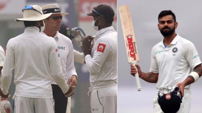 The play was halted for 17 minutes in the post-lunch session after visiting players, led by their skipper Dinesh Chandimal, wanted to leave the field of play complaining of severe pollution. (Photo: BCCI) The play was halted for 17 minutes in the post-lunch session after visiting players, led by their skipper Dinesh Chandimal, wanted to leave the field of play complaining of severe pollution. (Photo: BCCI)