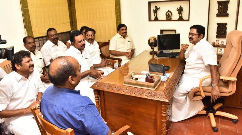 Amma Makkal Munnetra Kazhagam general secretary TTV Dhinakaran holds a meeting with his party's functionaries at his Adyar residence on Tuesday. — DC Amma Makkal Munnetra Kazhagam general secretary TTV Dhinakaran holds a meeting with his party's functionaries at his Adyar residence on Tuesday. — DC