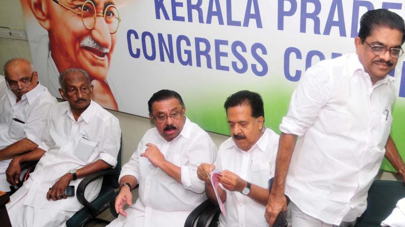 Former KPCC president V. M. Sudheeran arrives for the KPCC office bearers meeting at Indira Bhavan in Thiruvananthapuram on Tuesday. Also seen are KPCC president M. M. Hassan and opposition leader Ramesh Chennithala. (Photo: A.V. Muzafar) Former KPCC president V. M. Sudheeran arrives for the KPCC office bearers meeting at Indira Bhavan in Thiruvananthapuram on Tuesday. Also seen are KPCC president M. M. Hassan and opposition leader Ramesh Chennithala. (Photo: A.V. Muzafar)