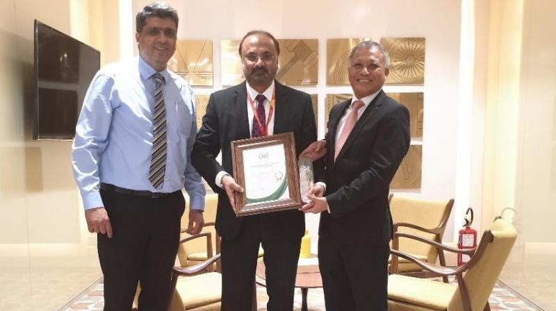 Neeraj Balani, MD International SOS, Subrato Sarkaar, President, Corporate Administration & Tan Mui Huat, President and CEO, International SOS.