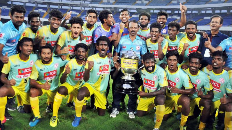 2018 Santosh Trophy champions Kerala team with the trophy at the Salt Lake Stadium in Kolkata. PTI Photo 2018 Santosh Trophy champions Kerala team with the trophy at the Salt Lake Stadium in Kolkata. PTI Photo