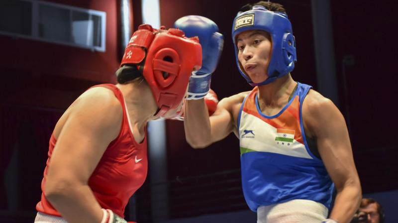 Indias Lovlina Borgohain (in blue) in action at the AIBA Womens World Championships in Ulan-Ude, Russia, last year. PTI Photo