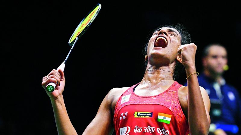 P. V. Sindhu celebrates her victory over Nozomi Okuhara in the women’s singles quarterfinals. P. V. Sindhu celebrates her victory over Nozomi Okuhara in the women’s singles quarterfinals.