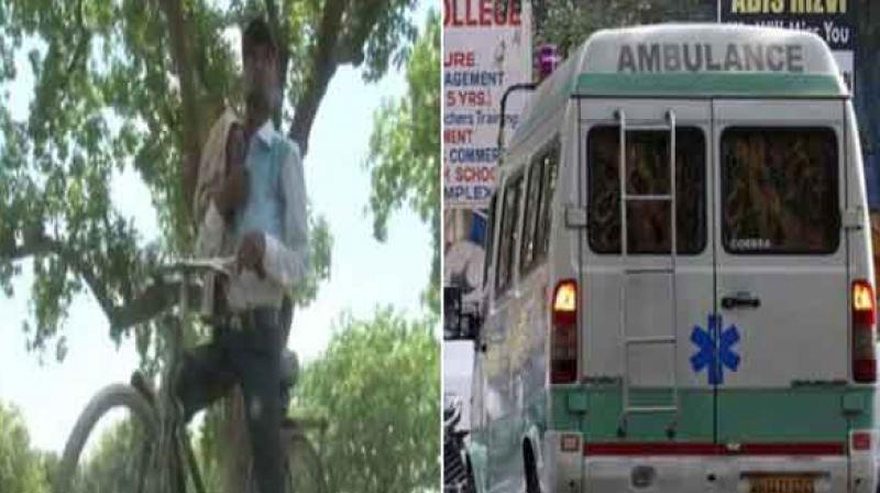The uncle had to carry her body on a bicycle as his plea for an ambulance fell on deaf ears. (Photo: ANI/Twitter) The uncle had to carry her body on a bicycle as his plea for an ambulance fell on deaf ears. (Photo: ANI/Twitter)