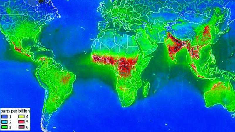 Hues of maroon over India indicates worsening air quality caused by higher concentration of formaldehyde in the country. Formaldehyde is caused by combustion of methane, as well as of other carbon compounds such as forest fires, automobile exhaust, and tobacco smoke. Hues of maroon over India indicates worsening air quality caused by higher concentration of formaldehyde in the country. Formaldehyde is caused by combustion of methane, as well as of other carbon compounds such as forest fires, automobile exhaust, and tobacco smoke.