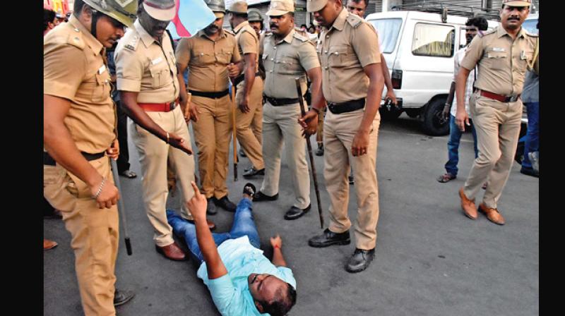 A protester argues with the police during the flash strike by fringe elements in Chennai on Tuesday demanding scrapping of the IPL matches. (Photo: DC) A protester argues with the police during the flash strike by fringe elements in Chennai on Tuesday demanding scrapping of the IPL matches. (Photo: DC)