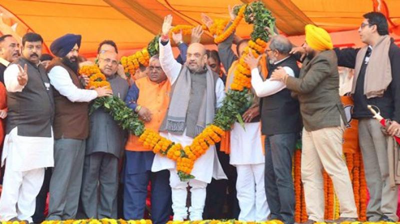 President of the Bharatiya Janata Party (BJP) Amit Shah during Vijay Sankalp yatra rally at Ludhiana. (Photo: PTI) President of the Bharatiya Janata Party (BJP) Amit Shah during Vijay Sankalp yatra rally at Ludhiana. (Photo: PTI)