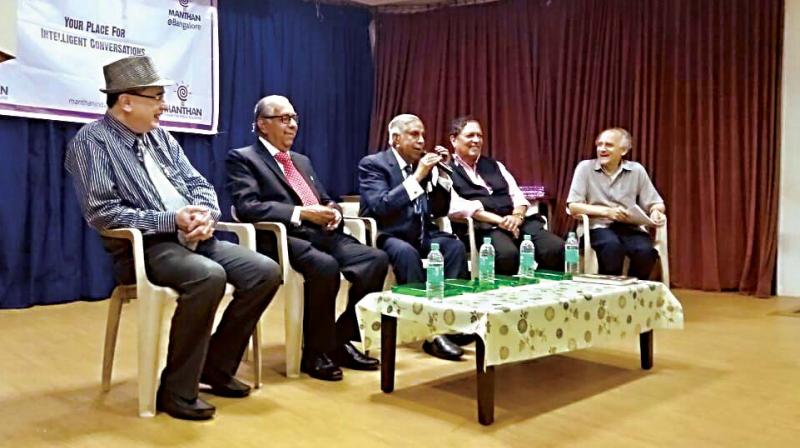 From Right, veteran journalist Arun Shourie, Justices Santosh Hegde and M.N. Venkatachaliah, B.V. Acharya and Dr Ali Khwaja of ‘Manthan’ at the book launch in Bengaluru on Saturday (Image: DC) From Right, veteran journalist Arun Shourie, Justices Santosh Hegde and M.N. Venkatachaliah, B.V. Acharya and Dr Ali Khwaja of ‘Manthan’ at the book launch in Bengaluru on Saturday (Image: DC)
