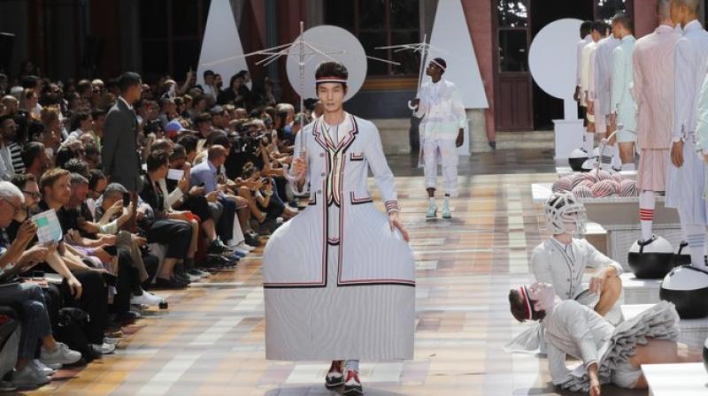 A model wears a creation for the Thom Browne mens Spring-Summer 2020 fashion collection presented in Paris. (Photo: AFP) A model wears a creation for the Thom Browne mens Spring-Summer 2020 fashion collection presented in Paris. (Photo: AFP)