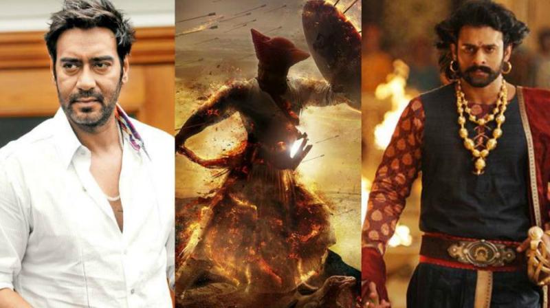 Ajay Devgn with 'Taanaaji: The Unsung Warrior' poster and 'Baahubali' still. Ajay Devgn with 'Taanaaji: The Unsung Warrior' poster and 'Baahubali' still.