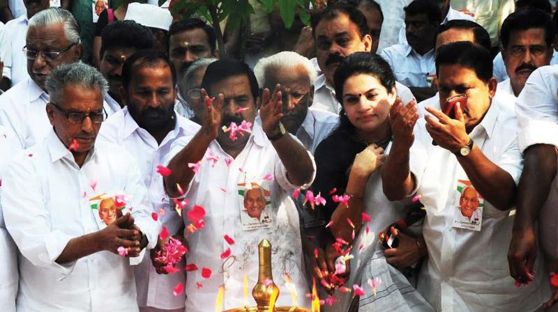 Opposition leader Ramesh Chennithala pays respects at the memorial of K. Karunakaran while observing the former CM’s sixth death anniversary at Punkunnam in Thrissur on Friday. (Photo: ANUP K VENU) Opposition leader Ramesh Chennithala pays respects at the memorial of K. Karunakaran while observing the former CM’s sixth death anniversary at Punkunnam in Thrissur on Friday. (Photo: ANUP K VENU)