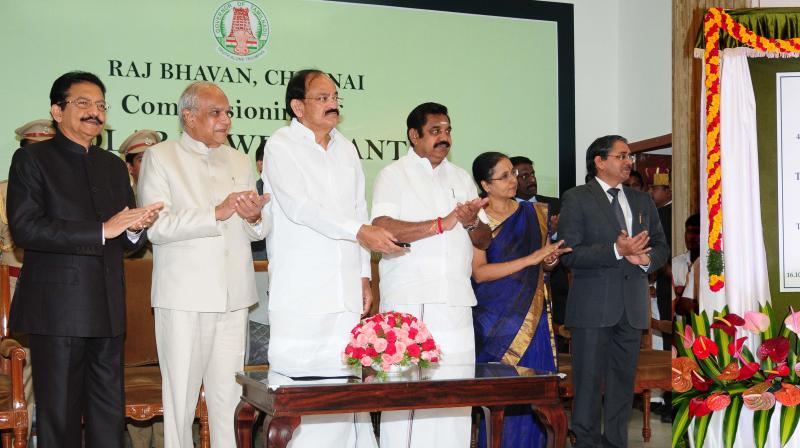 Vice president Venkaiah Naidu commissions 400 kwp Solar Power Plant at Raj Bhavan. TN governor Banwarilal Purohit, CM Edappadi K. Palaniswami, Ch. Vidyasagar Rao, Governor of Maharashtra also seen. (Photo: DC) Vice president Venkaiah Naidu commissions 400 kwp Solar Power Plant at Raj Bhavan. TN governor Banwarilal Purohit, CM Edappadi K. Palaniswami, Ch. Vidyasagar Rao, Governor of Maharashtra also seen. (Photo: DC)