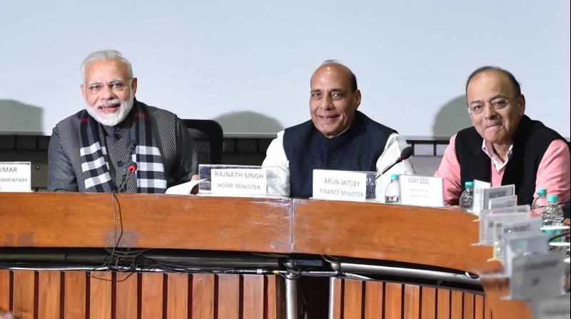 Prime Minister Narendra Modi, Home Minister Rajnath Singh, Finance Minister Arun Jaitley and Parliamentary Affairs Minister Ananth Kumar at an all-party meeting, ahead of the Budget Session, at Parliament House in New Delhi on Sunday. (Photo: PTI/File) Prime Minister Narendra Modi, Home Minister Rajnath Singh, Finance Minister Arun Jaitley and Parliamentary Affairs Minister Ananth Kumar at an all-party meeting, ahead of the Budget Session, at Parliament House in New Delhi on Sunday. (Photo: PTI/File)