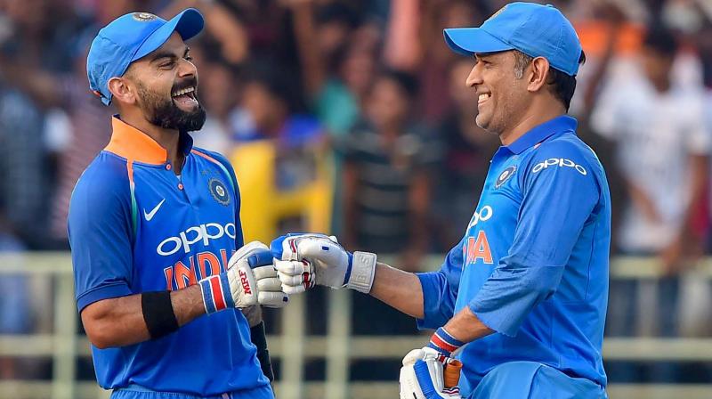 Kohli could not take his team home this time but Dhoni and Dinesh Karthik (25 off 14) rose to the occasion with an unbeaten 57-run stand, helping India chase down a target of 299 with four balls to spare. (Photo: PTI) Kohli could not take his team home this time but Dhoni and Dinesh Karthik (25 off 14) rose to the occasion with an unbeaten 57-run stand, helping India chase down a target of 299 with four balls to spare. (Photo: PTI)