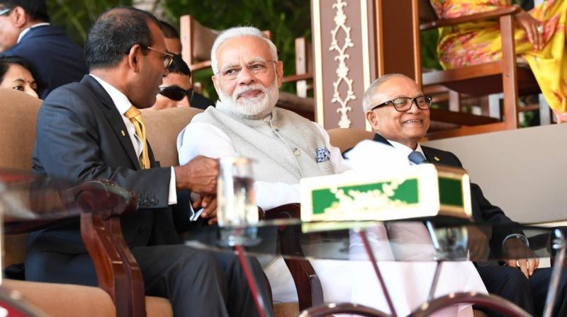 During the swearing-in ceremony of Solih, Modi was sitting beside former Maldivian presidents Mohamed Nasheed and Maumoon Abdul Gayoom. (Photo: Twitter | @MEA) During the swearing-in ceremony of Solih, Modi was sitting beside former Maldivian presidents Mohamed Nasheed and Maumoon Abdul Gayoom. (Photo: Twitter | @MEA)