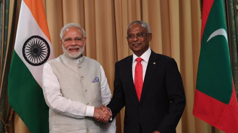 Prime Minister Modi attended the swearing-in ceremony of Solih, who surprisingly defeated strongman Abdulla Yameen in September. (Photo: Twitter | @MEAIndia) Prime Minister Modi attended the swearing-in ceremony of Solih, who surprisingly defeated strongman Abdulla Yameen in September. (Photo: Twitter | @MEAIndia)