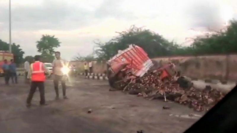 The truck got smashed and the toll booth apparently got damaged due to the impact. (Photo: Twitter | ANI) The truck got smashed and the toll booth apparently got damaged due to the impact. (Photo: Twitter | ANI)