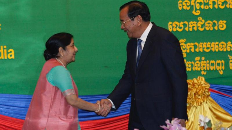External Affairs Minister Sushma Swaraj on Wednesday met her Cambodian counterpart Prak Sokhonn and discussed bilateral, multilateral and key international issues. (Photo: Twitter | @indembcam) External Affairs Minister Sushma Swaraj on Wednesday met her Cambodian counterpart Prak Sokhonn and discussed bilateral, multilateral and key international issues. (Photo: Twitter | @indembcam)