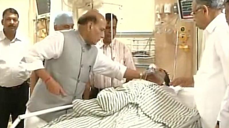 Home Minister Rajnath Singh and Chhattisgarh CM Raman Singh meet injured CRPF personnel, at Ramkrishna Care Hospital on Tuesday. (Photo: ANI Twitter) Home Minister Rajnath Singh and Chhattisgarh CM Raman Singh meet injured CRPF personnel, at Ramkrishna Care Hospital on Tuesday. (Photo: ANI Twitter)
